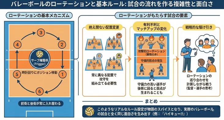 バレーボールのローテーションルールと試合戦略を解説したインフォグラフィック。サーブ権獲得をトリガーとした時計回りのポジション移動の仕組みと、前衛・後衛の入れ替えがもたらす攻守の配置変更、有利不利のマッチアップ、監督や選手の戦略的な駆け引きを説明。リアルなルール設定が『ハイキュー!!』等の物語の面白さを生む背景をまとめています。