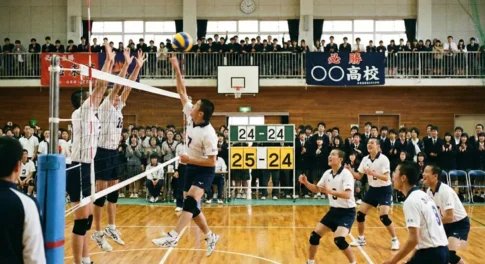 高校バレーボールの試合で24-24のデュースから25-24へリードした緊迫の場面。ネット際でのスパイクとブロックの攻防。25点先取や2点差ルール、セットポイントを解説する記事に適した、観客が見守る白熱した試合風景