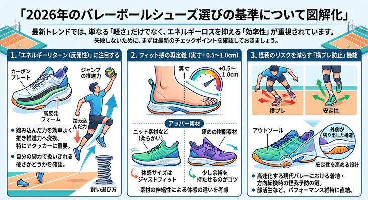 2026年最新トレンドのバレーボールシューズの選び方を図解。反発力（エネルギーリターン）によるジャンプ力の向上、アッパー素材を考慮した実寸+0.5〜1.0cmの最適なフィット感、怪我予防のための横ブレ防止機能と安定性設計など、失敗しないシューズ選びの3つの基準を解説しています。