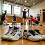 ミズノのバレーボールシューズの比較。足首を覆うミドルカット（左）と、足首が自由なローカット（右）