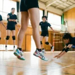 体育館でバレーボールの練習をする女子選手たちと、ジャンプする足元を支えるレディース・ジュニア向けバレーボールシューズ