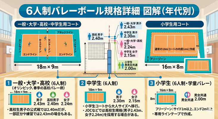 「6人制バレーボールの年代別規格図解。小学生から一般・大学までのコートサイズ（18m×9m、16m×8m）と男女別のネットの高さを比較。」