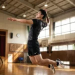 体育館で高くジャンプし、スパイクのフォームを整えるバレーボール選手の空中姿勢。打点を高くするための腕の引き方とジャンプのタイミング。
