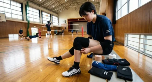 「体育館のベンチでバレーボール用の膝サポーターを装着する女子選手。横にはテーピングや各種サポーターが置かれている」