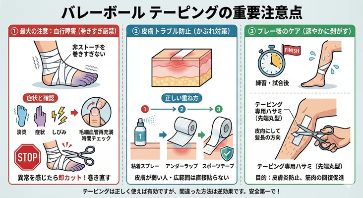 バレーボールのテーピングにおける3つの重要注意点を解説した図解。①血行障害を防ぐための巻きすぎ注意と血流チェック法、②かぶれを防ぐアンダーラップを用いた皮膚トラブル対策、③プレー後に専用ハサミで速やかに剥がすアフターケアの手順をイラストで説明しています。