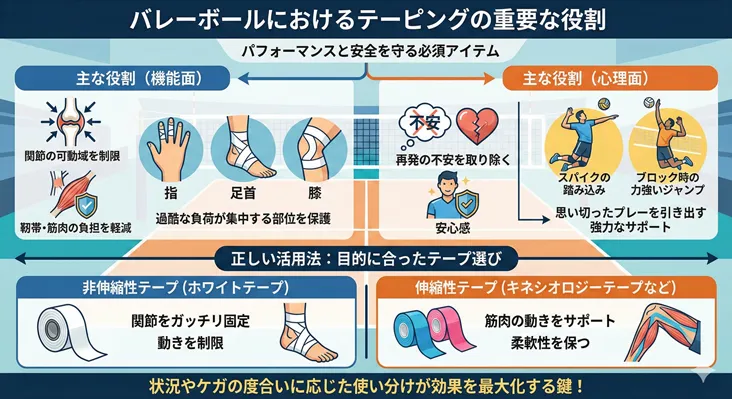 バレーボールでのテーピングの役割と効果を解説した図解。指・足首・膝の怪我予防や関節固定といった「機能面」と、スパイクやブロック時の不安解消という「心理面」のメリットを紹介。非伸縮のホワイトテープ(固定用)と伸縮性のキネシオロジーテープ(筋肉サポート用)の正しい使い分けについても説明しています。