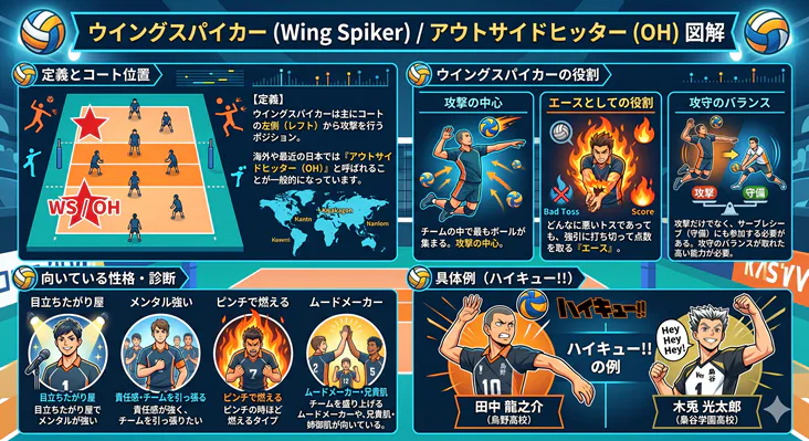 バレーボールのポジション「ウイングスパイカー（アウトサイドヒッター/OH）」の図解。コート上の位置、攻撃の中心やエースとしての役割、向いている性格（メンタルが強い、ムードメーカー等）、『ハイキュー!!』のキャラクター（田中龍之介、木兎光太郎）を例にした解説。