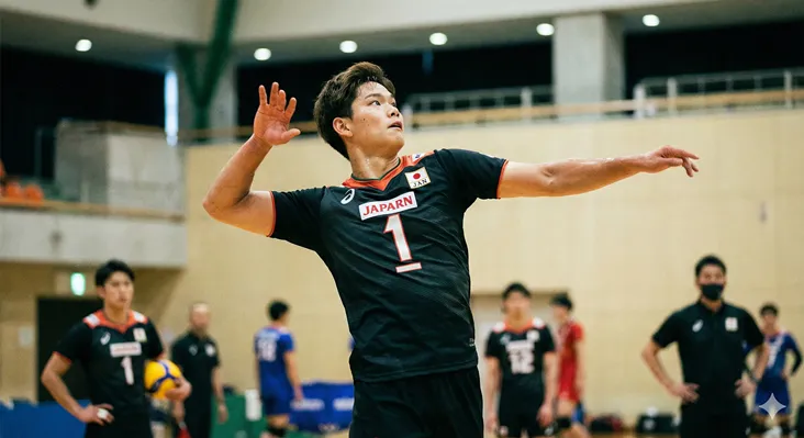 バレーボール日本代表の西田有志選手をモチーフにしたAI生成アート。黒のユニフォームを着用し、試合中にスパイクやジャンプサーブを繰り出す躍動感のある構図。