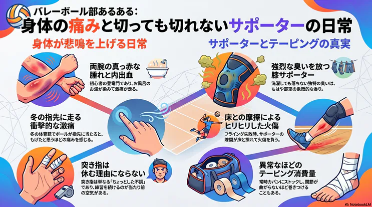 バレーボール部あるあるを図解したインフォグラフィック。「身体の痛みと切っても切れないサポーターの日常」をテーマに、初心者が経験する両腕の腫れや内出血、冬の指先の激痛、突き指といった「身体の悲鳴」と、強烈な臭いを放つ膝サポーター、フライング時の床との摩擦による火傷、異常なテーピング消費量など「サポーターとテーピングの真実」をイラスト付きで解説しています。