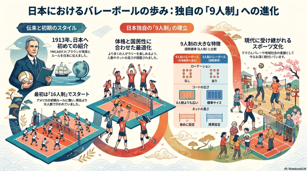 日本のバレーボールの歴史と独自の9人制への進化を解説したインフォグラフィック。1913年のF.H.ブラウンによる伝来と初期の16人制から、日本人の体格に最適化された9人制の確立、国際標準の6人制とのルール比較（ローテーション、コートの広さ、ネットの高さ）、そして現代のママさんバレーへと繋がるスポーツ文化の歩みを図解しています。