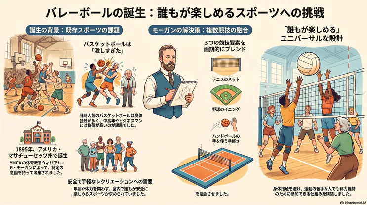 1895年YMCAでのバレーボール誕生の歴史と、考案者ウィリアム・G・モーガンの設計思想を解説した図解。激しいバスケットボールに代わる安全な室内競技として、テニス・野球・ハンドボールを融合させ「誰もが楽しめる」スポーツとして開発された経緯を描写しています。