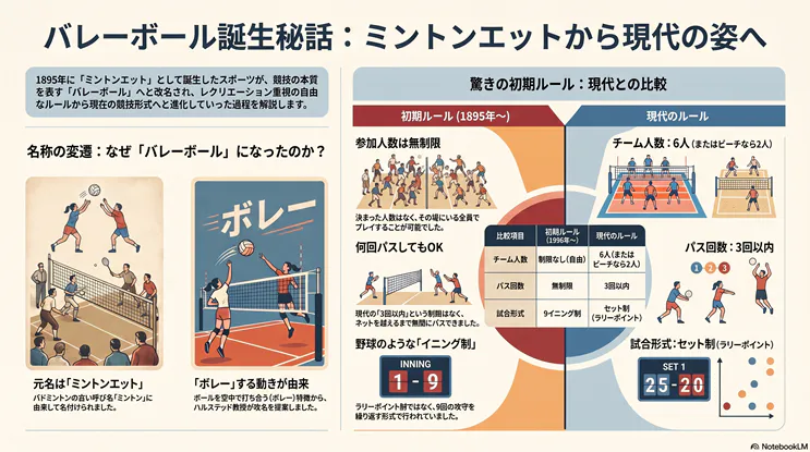 バレーボールの起源と歴史的進化を解説したインフォグラフィック。1895年誕生時の旧称「ミントンエット」から現在の名称（ボレーが由来）への変遷や、人数・パス回数が無制限で9イニング制だった初期ルールと、6人制・パス3回以内・ラリーポイント制の現代ルールの違いを比較表とイラストで分かりやすく説明しています。