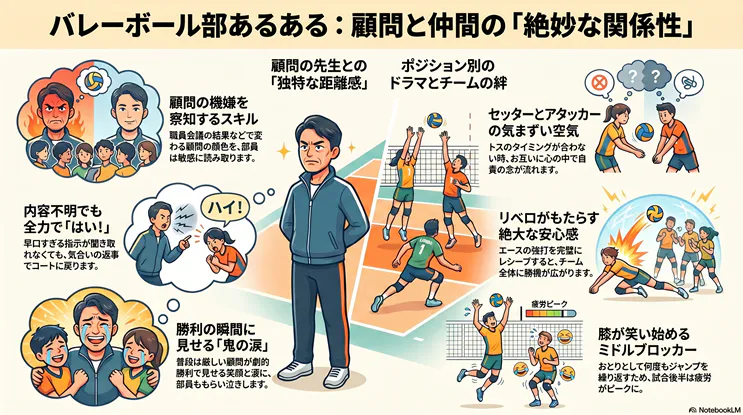 バレーボール部あるあるを図解したインフォグラフィック。中央に立つ顧問の先生を中心に、左側では「機嫌の察知」や「鬼の涙」といった顧問との独特な距離感を、右側ではセッターとアタッカーの気まずい空気やリベロのレシーブなど、ポジション別のドラマと仲間の絆をコミカルなイラストで紹介しています。