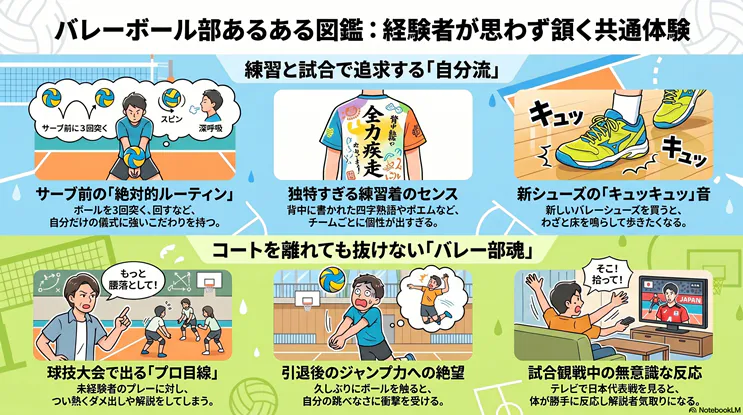 バレーボール部経験者が思わず頷く共通体験をまとめた「バレー部あるある図鑑」のインフォグラフィック。サーブ前の絶対的ルーティン、四字熟語が書かれた独特な練習着、新シューズの摩擦音といった練習・試合中のエピソードから、球技大会でのプロ目線、引退後のジャンプ力への絶望、日本代表戦観戦中の無意識な反応など、コート外でのエピソードまで全6項目をイラストで図解しています。