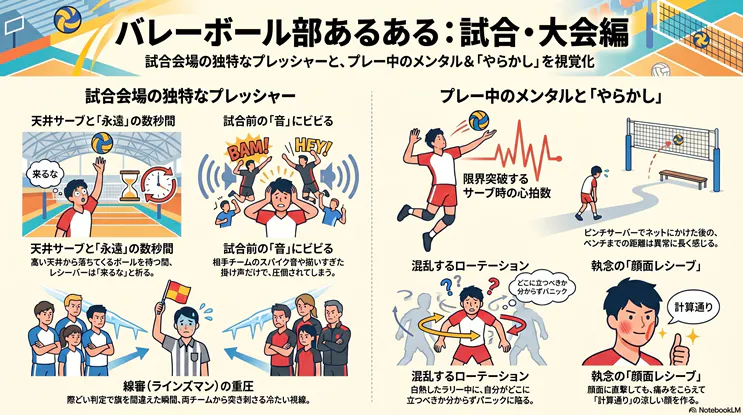 バレーボール部の試合・大会あるあるを図解。天井サーブや線審の重圧など会場のプレッシャーと、ローテーションの混乱や顔面レシーブなどプレー中のメンタル・やらかしを視覚化したインフォグラフィック