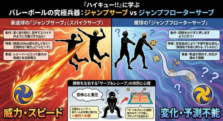 『ハイキュー!!』に学ぶバレーボールのサーブ解説図。威力とスピードで圧倒するジャンプサーブ（スパイクサーブ）と、無回転で予測不能な変化を見せるジャンプフローターサーブの特徴や違い、レシーブ時の心理戦を比較しています。