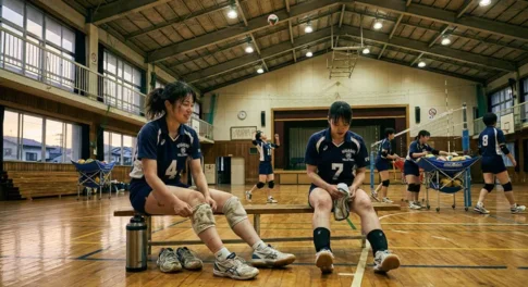 学校の体育館で練習の合間に休憩する女子バレーボール部員。ネイビーのユニフォームを着用し、ベンチで汚れた膝サポーターを直す姿や疲労感漂う表情が、リアルな部活動の日常と青春の風景を表現している。背景にはネット越しに練習する部員やボールカゴが写り込んでいる。