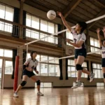バレーボールの練習に励む女子学生。体育館でアタッカーがジャンプしてスパイクを打つ瞬間の躍動感あふれるスポーツ写真。ネット越しにはブロックを試みる選手と守備に備えるレシーバーの姿。