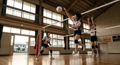 バレーボールの練習に励む女子学生。体育館でアタッカーがジャンプしてスパイクを打つ瞬間の躍動感あふれるスポーツ写真。ネット越しにはブロックを試みる選手と守備に備えるレシーバーの姿。