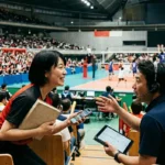 バレーボールの試合前、満員のアリーナ(体育館)の観客席にて、ネイビーのポロシャツとヘッドセット(マイク付き)を着用した男性解説者がタブレット(データ画面)を手に、赤いチームウェアを着た笑顔の女性スタッフ(資料本とスマートフォンを持つ)に手振りを交えて説明している様子。背景には赤い応援スティックを持つ大勢の観客や、試合前の練習が行われているバレーボールコートが見える、スポーツ実況・解説の現場における打ち合わせシーン。