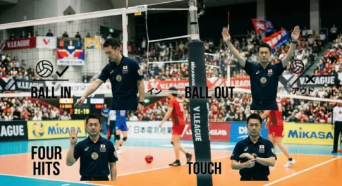 バレーボールの審判による主要なハンドシグナル4選の解説画像。Vリーグの審判が実演する「ボールイン(イン)」「ボールアウト(アウト)」「フォアヒット(4回接触)」「タッチ(ワンタッチ)」の正しいジェスチャーと判定のルール。