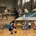 1895年のYMCAでのバレーボール誕生当時の風景と、現代の宮崎県での女子高校バレーボールのスパイクシーンを対角線で比較し、競技の歴史と進化を表現した画像