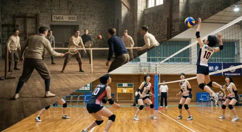 1895年のYMCAでのバレーボール誕生当時の風景と、現代の宮崎県での女子高校バレーボールのスパイクシーンを対角線で比較し、競技の歴史と進化を表現した画像