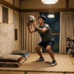 和室でバレーボールのトス練習をする男性。畳の上にジョイントマットを敷き、壁に毛布や吸音材を貼って防音対策を施した自宅練習の様子。夜間に室内で自主練に励む様子。
