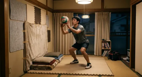 和室でバレーボールのトス練習をする男性。畳の上にジョイントマットを敷き、壁に毛布や吸音材を貼って防音対策を施した自宅練習の様子。夜間に室内で自主練に励む様子。