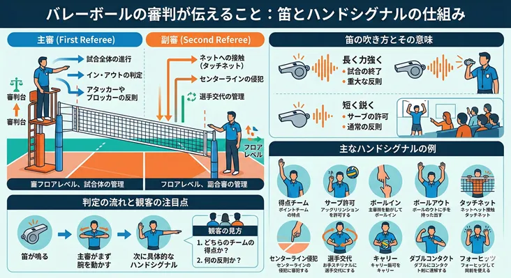 バレーボールの審判の役割とハンドシグナルを解説した図解インフォグラフィック。「主審(試合進行・判定)」と「副審(ネット接触・交代管理)」の役割の違い、笛の吹き方(長短・強弱)による意味の違い、判定の流れを説明。下部には、得点、サーブ許可、ボールイン・アウト、タッチネット、センターライン侵犯、選手交代、キャリー、ダブルコンタクト、フォーヒッツの10種類の主要なハンドシグナルがイラスト付きで一覧化されています。
