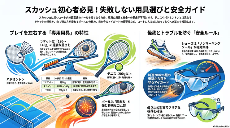 スカッシュ初心者向けの用具選びと安全ガイドのインフォグラフィック。テニスやバドミントンとのラケット重量比較（スカッシュは約120〜140g）や、温まると弾む特殊なゴム製ボールの特性を解説。さらに、床を傷つけないノンマーキングソールの室内シューズ、時速200km超の衝撃から目を守るアイガード（曇り止め対策含む）の着用など、怪我やトラブルを防ぐ安全ルールを紹介しています。