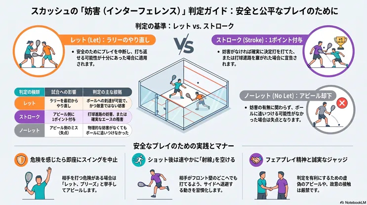 スカッシュの妨害（インターフェレンス）ルール判定ガイドのインフォグラフィック。レット（ラリーやり直し）、ストローク（1ポイント付与）、ノーレット（アピール却下）の判定基準を比較表とイラストで解説。後半には安全なプレイのためのマナーやスイング中止、射線を空ける実践方法を掲載。