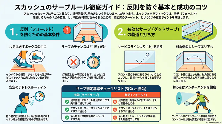 スカッシュのサーブルールと打ち方の基本を解説したインフォグラフィック。フォールト（反則）を防ぐための足の位置や1回限定のサーブ制限、グッドサーブ（有効）となるためのサービスラインや対角側レシーブエリアへの軌道、初心者向けのアンダーハンドのコツ、有効・無効のサーブ判定基準チェックリストをまとめています。