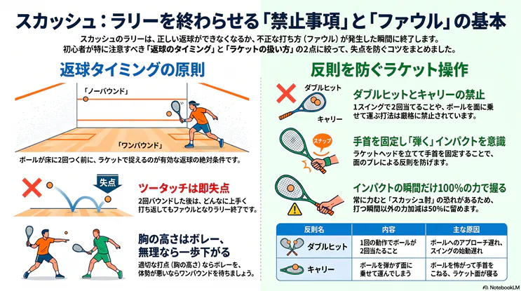 スカッシュのルールとファウル（反則）の基本を解説したインフォグラフィック。「返球タイミングの原則」として、ワンバウンド以内の返球やツータッチでの失点、ボレーの判断基準を説明。「反則を防ぐラケット操作」として、禁止されているダブルヒットやキャリーの定義、手首の固定、スカッシュ肘を予防するグリップの握り方をイラストと表で初心者にわかりやすくまとめています。