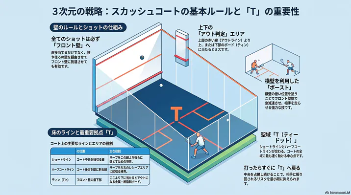 スカッシュコートの基本ルールと戦術を解説した図解インフォグラフィック。フロント壁へのショット、上下のアウト判定（ティン）、横壁を利用した「ボースト」、床のライン（ショートライン、ハーフコートライン）、そしてコート中央の最重要拠点「T（ティードット）」の役割と重要性を3Dコート図で紹介しています。
