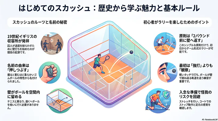 スカッシュの歴史や基本ルール、初心者向けラリーのコツを解説したインフォグラフィック。19世紀イギリスの発祥や名前の由来、2バウンド前に壁へ打ち返す基本原則、コートの特徴、怪我防止のストレッチなど、初めてスカッシュを学ぶ人向けのポイントがイラスト付きで分かりやすくまとめられています。