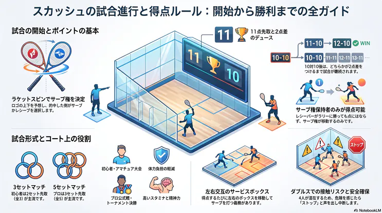 スカッシュの試合進行と得点ルールを解説したインフォグラフィック。「ラケットスピンでのサーブ権決定」「11点先取と2点差のデュース」「サーブ権保持者のみが得点できる仕組み」などの基本ルールをはじめ、3セット・5セットマッチの試合形式、左右交互のサービスボックス、ダブルスでの安全確保（ストップ）についてコートのイラストを交えて図解しています。