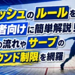 スカッシュのルールを初心者向けに解説した、試合の流れやサーブのバウンド制限が分かるアイキャッチ画像